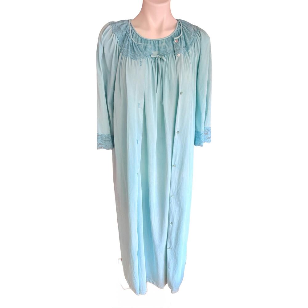 Vintage 1970s Gilead Peignoir Set Seafoam Blue Nightgown Robe Lace Trim S - Picture 6 of 12